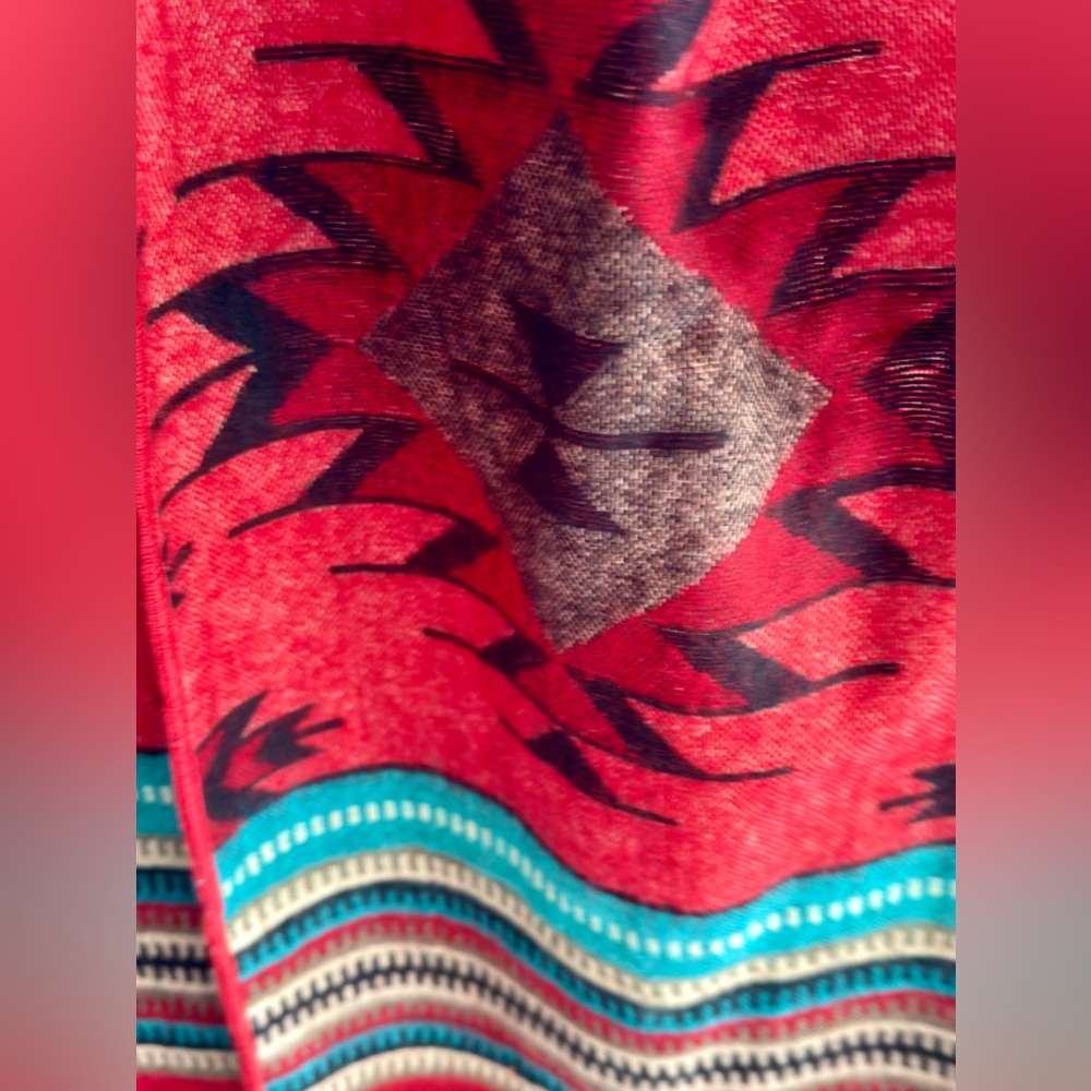 El Paso Saddleblanket Scarf Red Southwest Aztec Fringe 72” - Picture 8 of 8